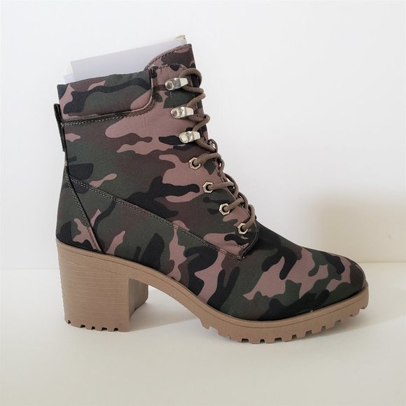 Qupid Shoes - Khaki Camouflage Lug Heel Zip Up Combat Bootie